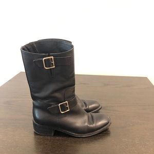 Chanel mid calf double buckle black moto boots